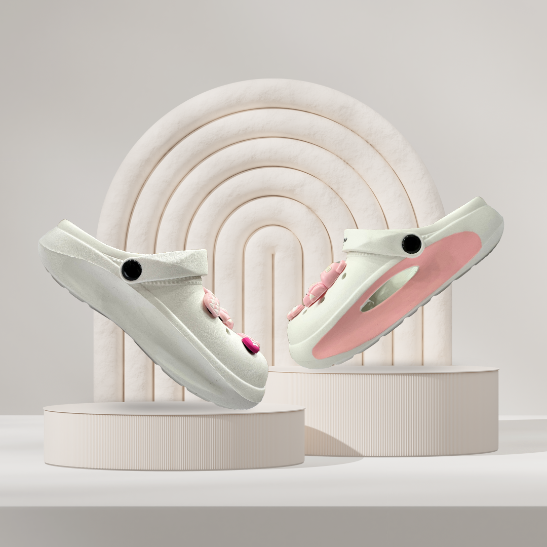 Aestify Women’s White & Pink Clogs with Cute Bear Charms – Soft & Stylish Slip-On Sandals