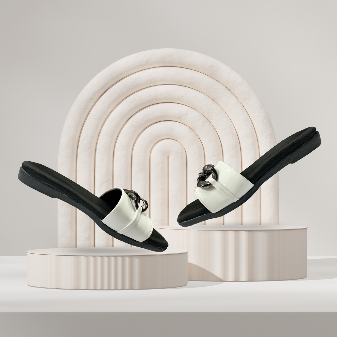 Aestify Women’s Black & White Chain Strap Slides – Elegant Slip-On Flats for Everyday Chic