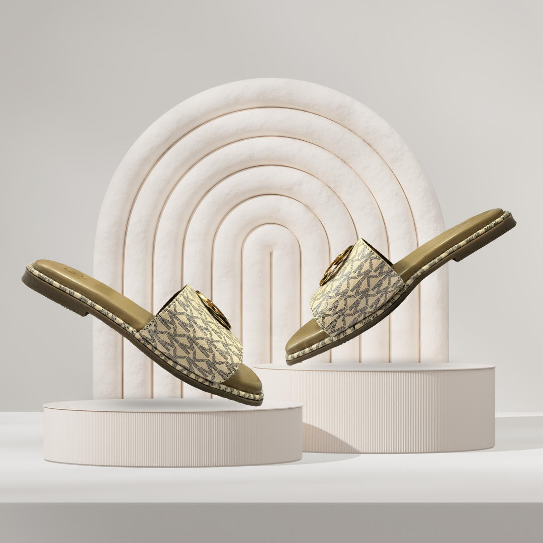 Aestify Cream Monogram MK Slides for Women – Luxury-Inspired Slip-On Sandals