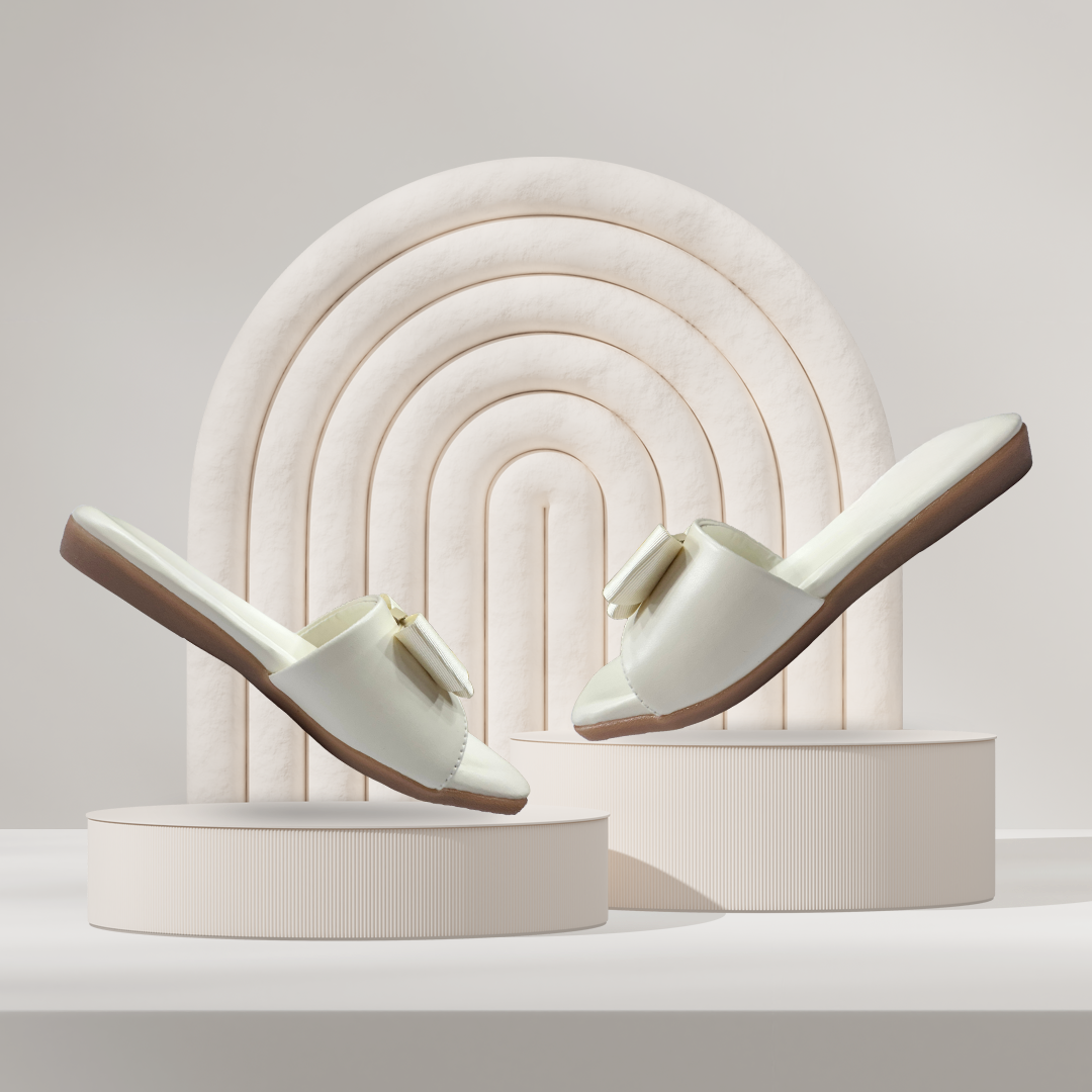 Aestify Elegant Bow Slide Sandals for Women – Cream Slip-On Flats with Square Toe