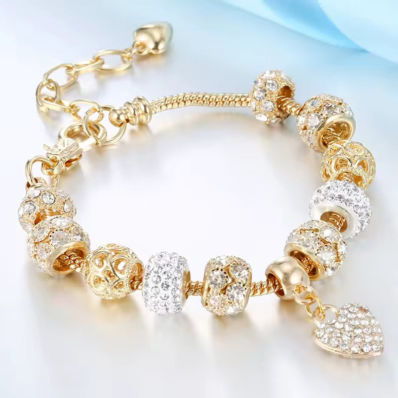 Aestify™ Luxe Crystal Heart Charm Bracelet – 18K Gold Tone