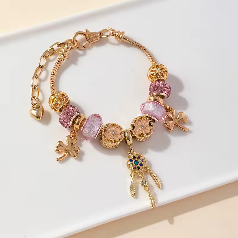Aestify™ Dreamcatcher Pink Gold Charm Bracelet – 18K Gold Tone | Crystal & CZ Beads