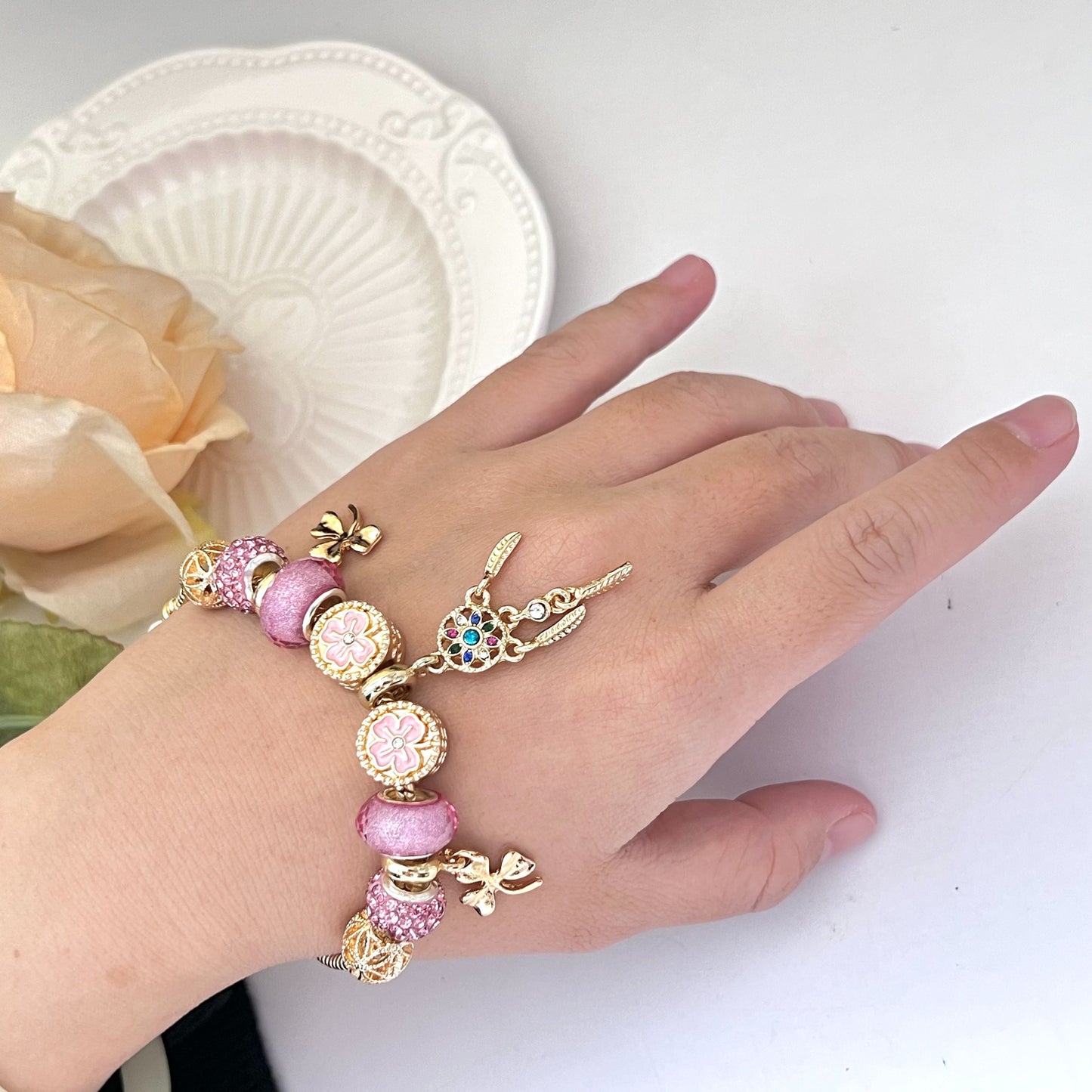 Aestify™ Dreamcatcher Pink Gold Charm Bracelet – 18K Gold Tone | Crystal & CZ Beads