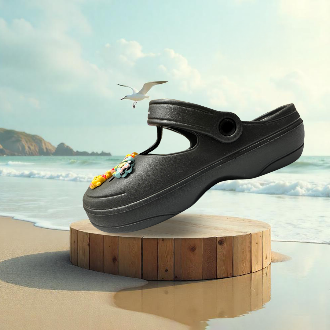 Aestify Women’s Cartoon Charm Black Clogs – Cute & Comfy Mary Jane Slip-Ons
