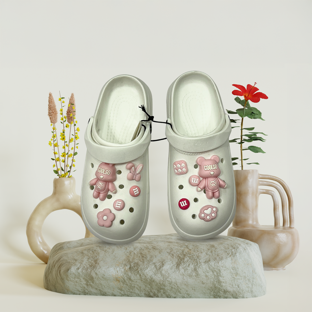 Aestify Women’s White & Pink Clogs with Cute Bear Charms – Soft & Stylish Slip-On Sandals