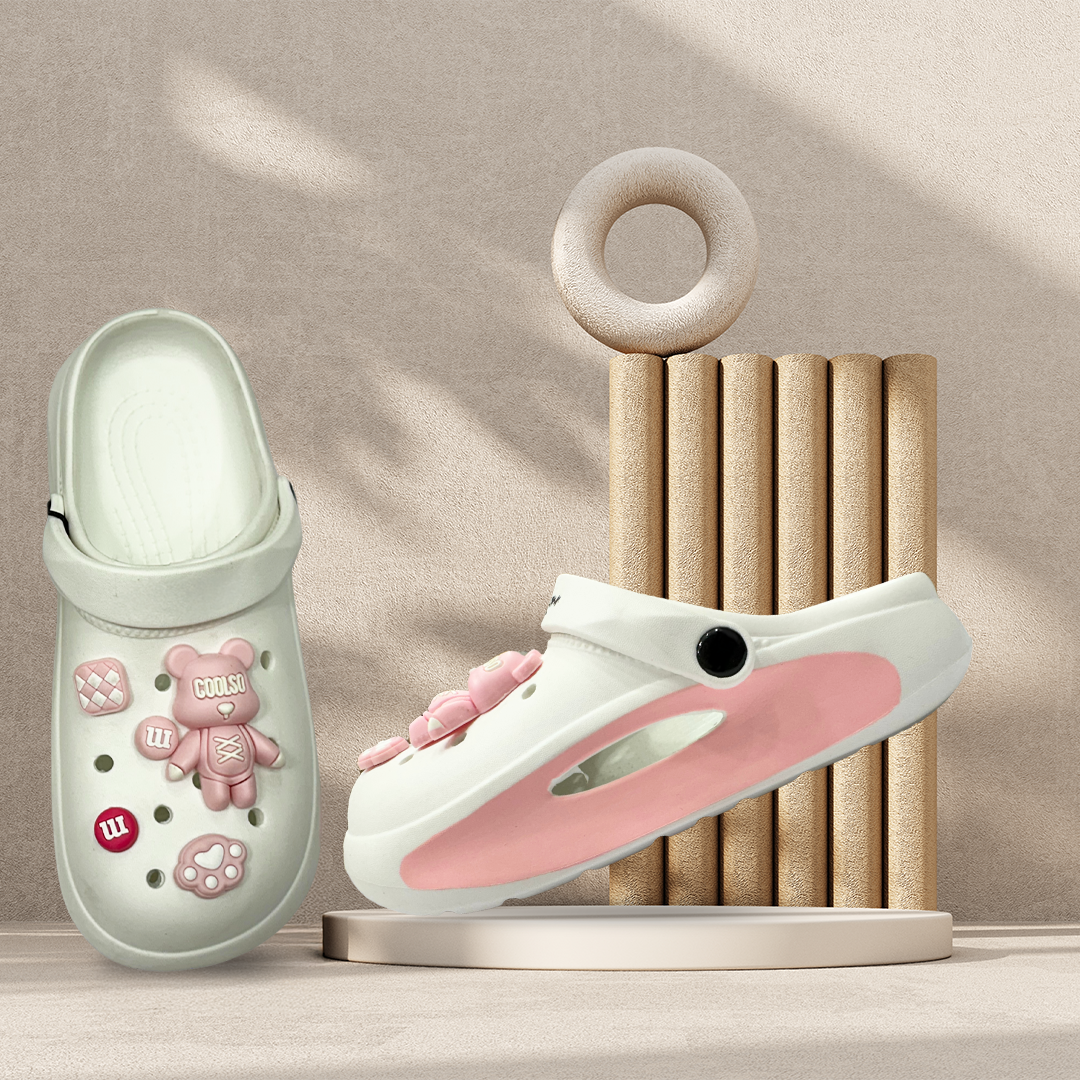 Aestify Women’s White & Pink Clogs with Cute Bear Charms – Soft & Stylish Slip-On Sandals