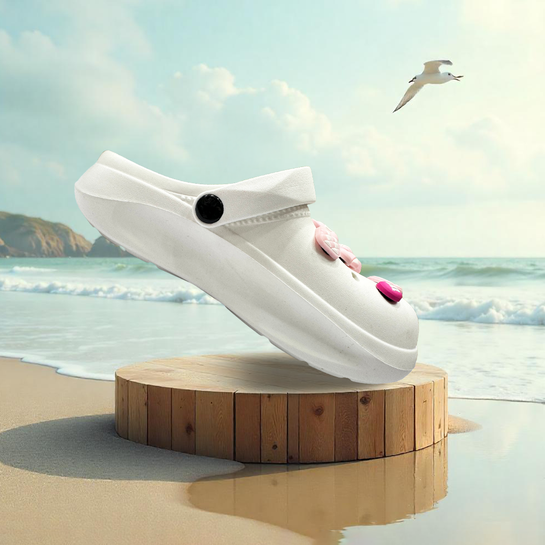 Aestify Women’s White & Pink Clogs with Cute Bear Charms – Soft & Stylish Slip-On Sandals