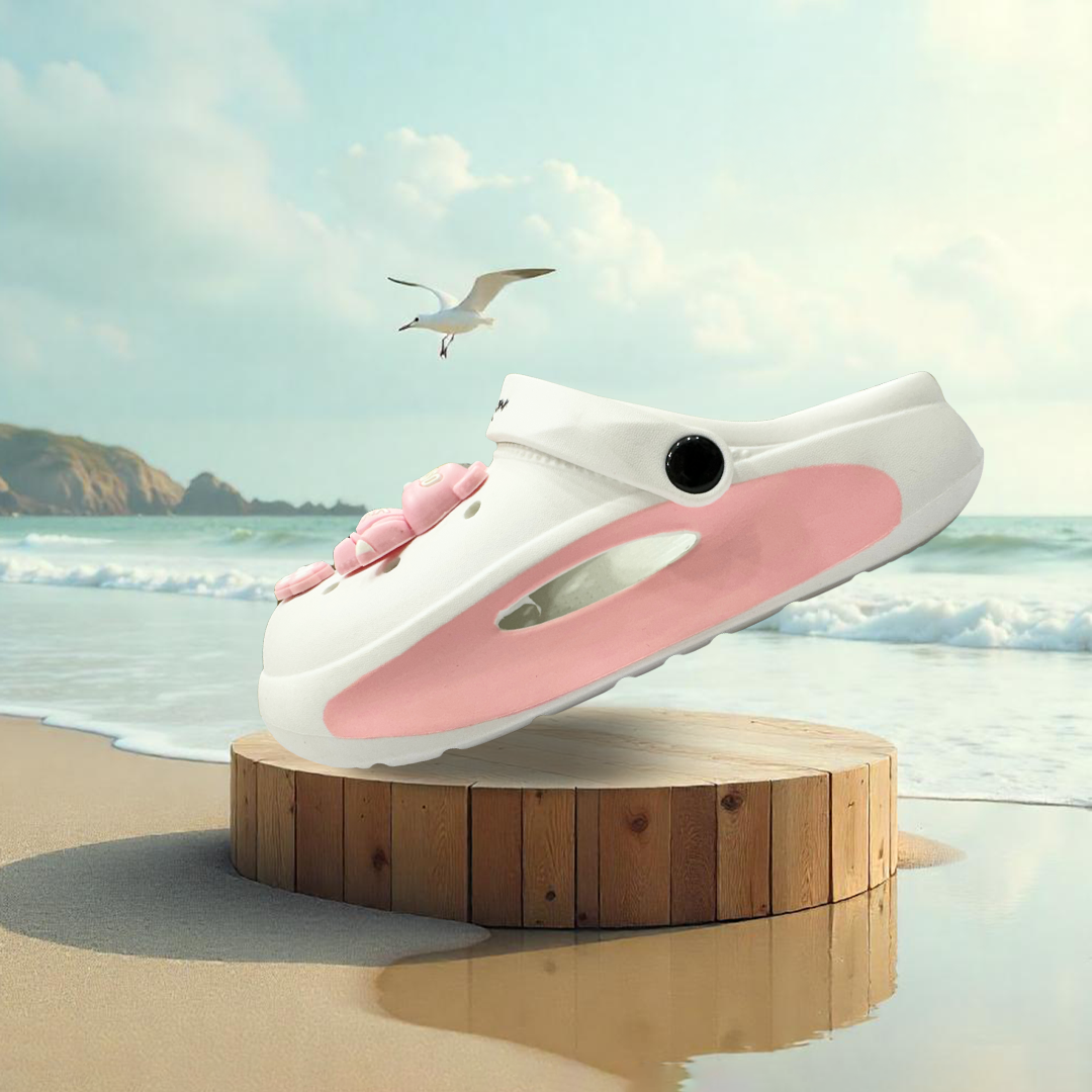 Aestify Women’s White & Pink Clogs with Cute Bear Charms – Soft & Stylish Slip-On Sandals