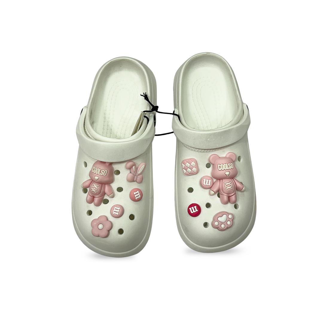 Aestify Women’s White & Pink Clogs with Cute Bear Charms – Soft & Stylish Slip-On Sandals