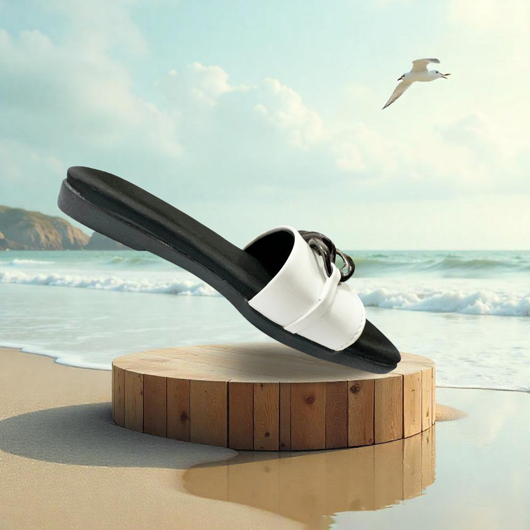 Aestify Women’s Black & White Chain Strap Slides – Elegant Slip-On Flats for Everyday Chic