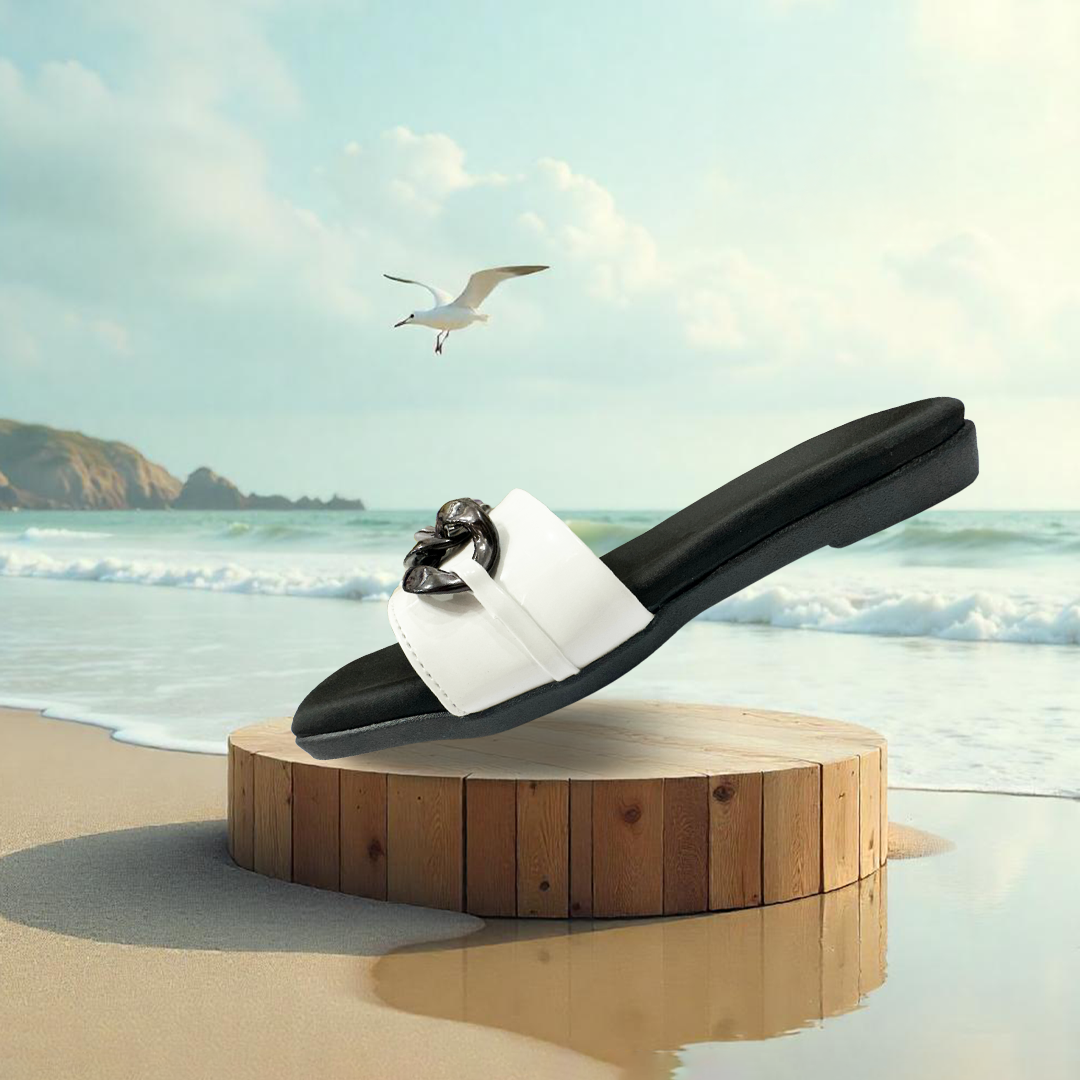 Aestify Women’s Black & White Chain Strap Slides – Elegant Slip-On Flats for Everyday Chic