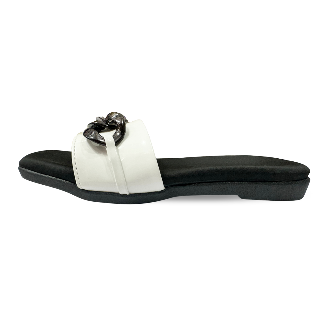 Aestify Women’s Black & White Chain Strap Slides – Elegant Slip-On Flats for Everyday Chic