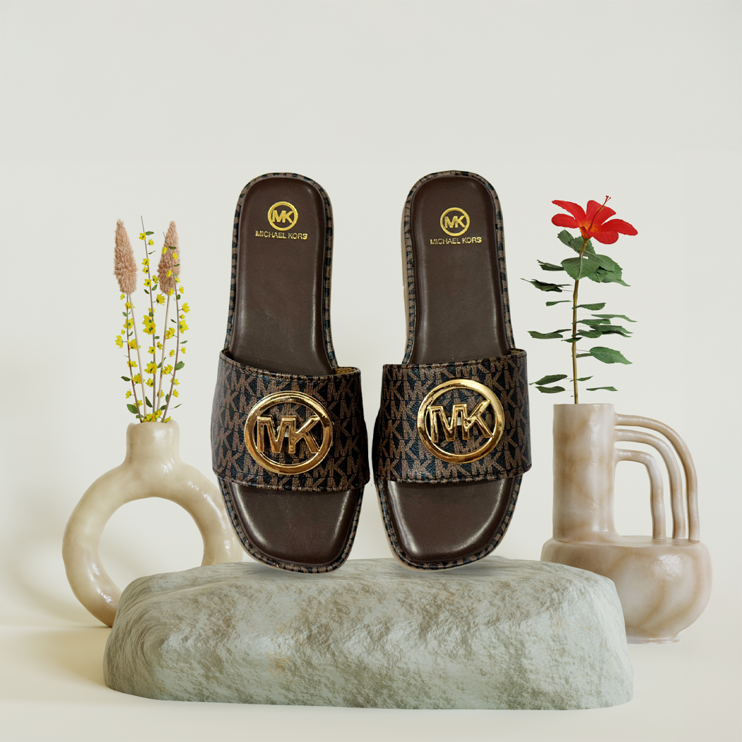 Aestify Designer-Inspired MK Logo Slides for Women – Luxury Monogram Slip-On Sandals