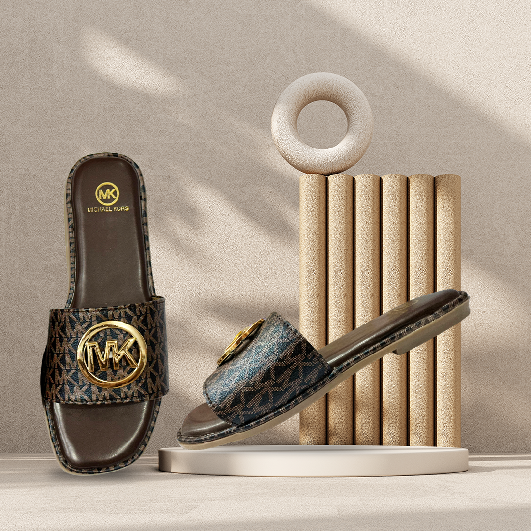 Aestify Designer-Inspired MK Logo Slides for Women – Luxury Monogram Slip-On Sandals