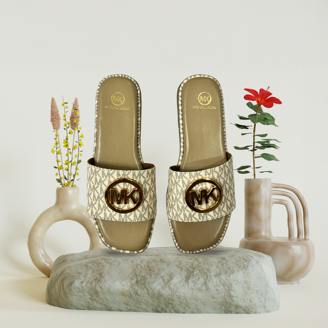 Aestify Cream Monogram MK Slides for Women – Luxury-Inspired Slip-On Sandals