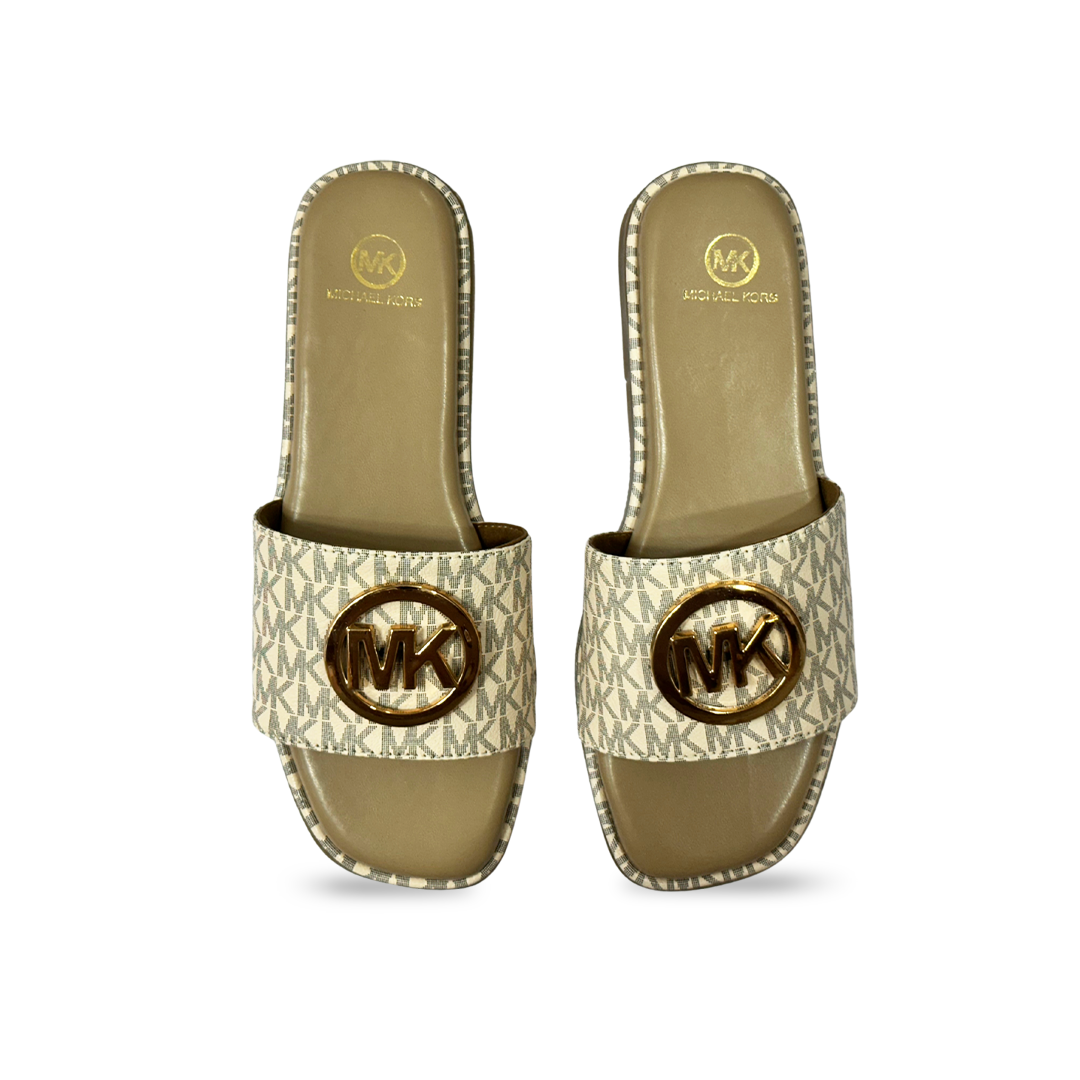 Aestify Cream Monogram MK Slides for Women – Luxury-Inspired Slip-On Sandals