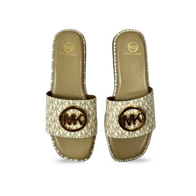 Aestify Cream Monogram MK Slides for Women – Luxury-Inspired Slip-On Sandals