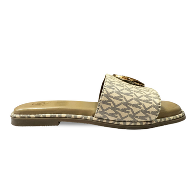 Aestify Cream Monogram MK Slides for Women – Luxury-Inspired Slip-On Sandals