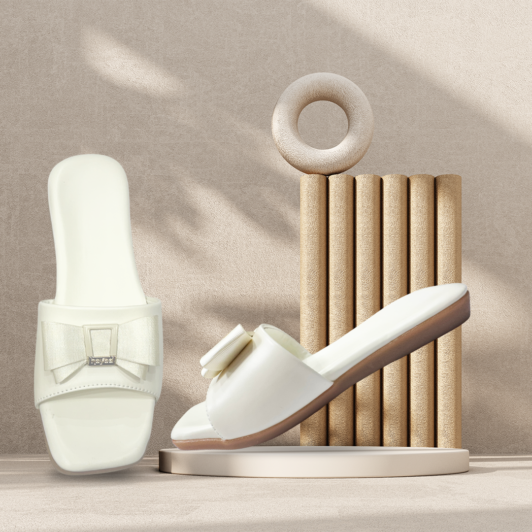 Aestify Elegant Bow Slide Sandals for Women – Cream Slip-On Flats with Square Toe