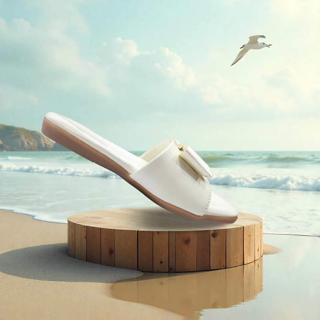 Aestify Elegant Bow Slide Sandals for Women – Cream Slip-On Flats with Square Toe