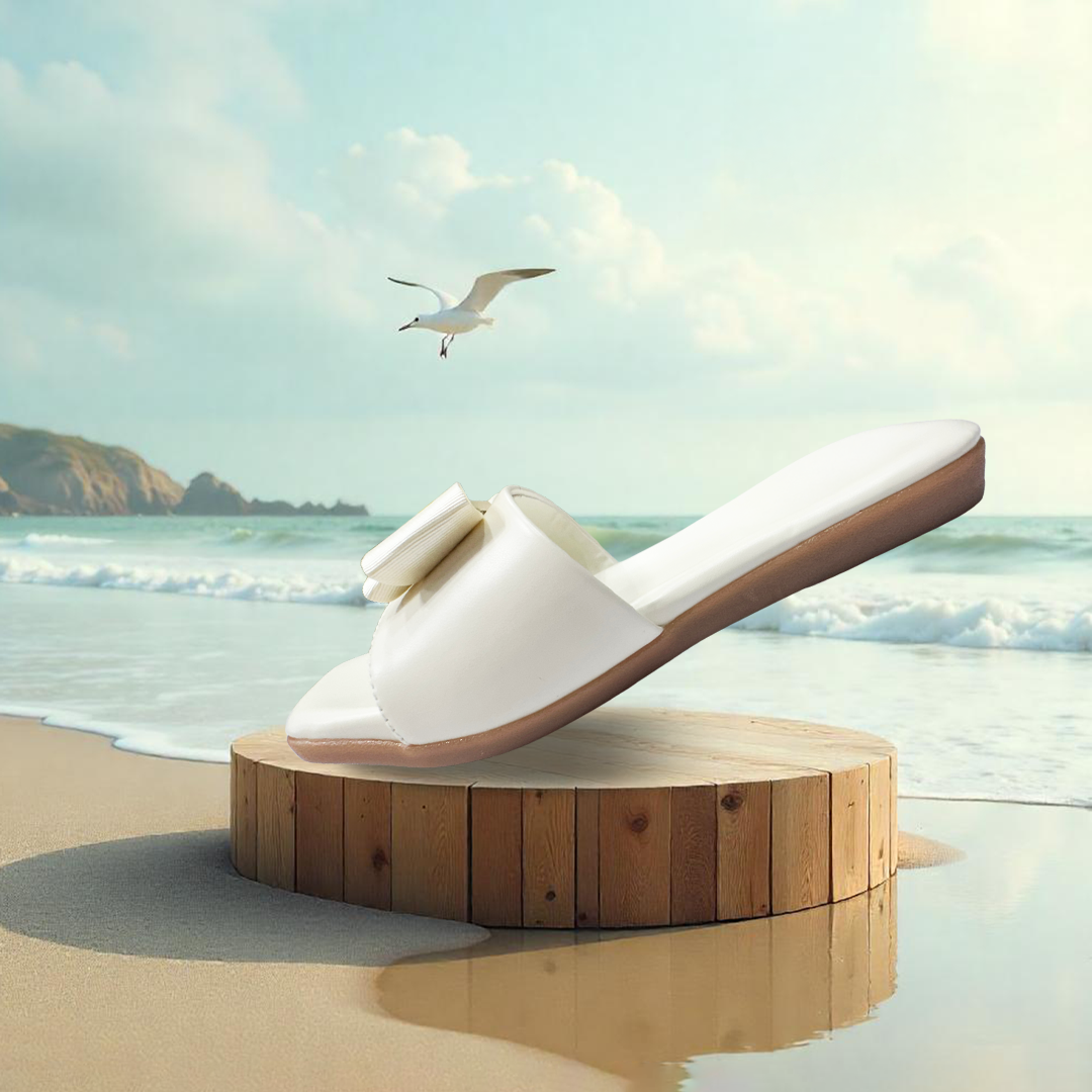 Aestify Elegant Bow Slide Sandals for Women – Cream Slip-On Flats with Square Toe