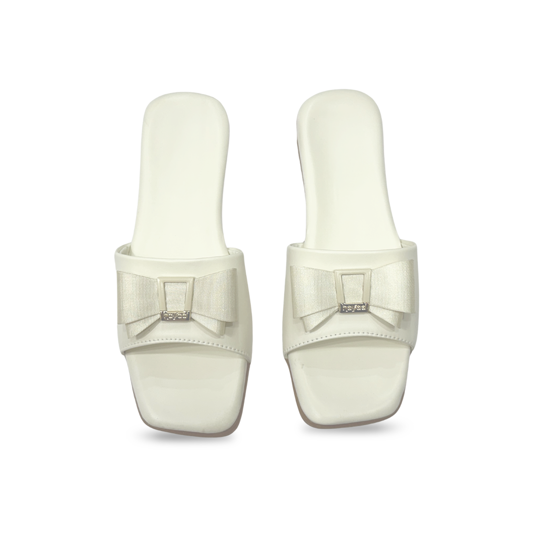 Aestify Elegant Bow Slide Sandals for Women – Cream Slip-On Flats with Square Toe