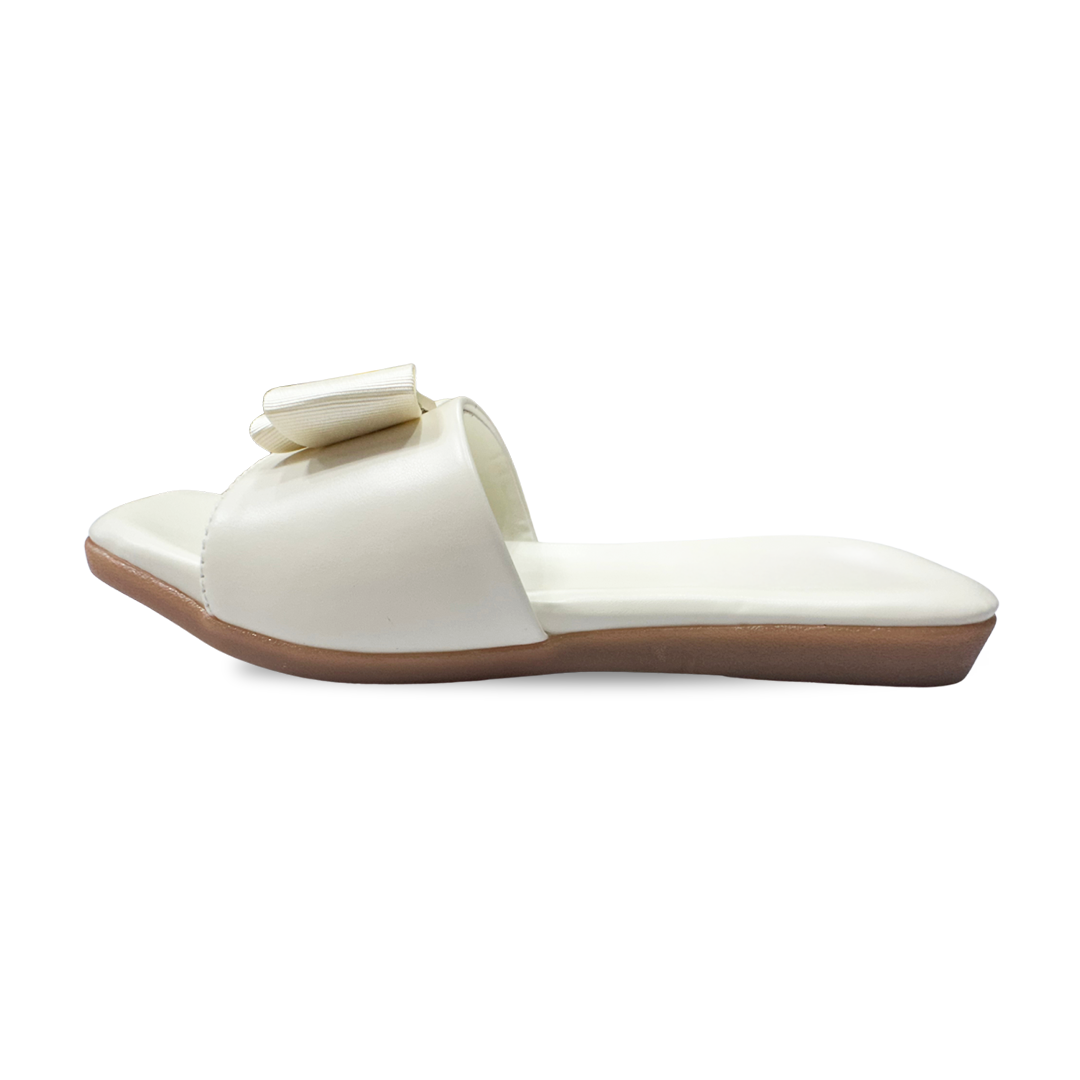 Aestify Elegant Bow Slide Sandals for Women – Cream Slip-On Flats with Square Toe