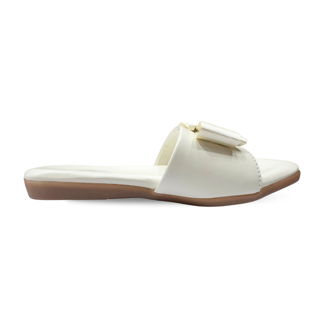 Aestify Elegant Bow Slide Sandals for Women – Cream Slip-On Flats with Square Toe