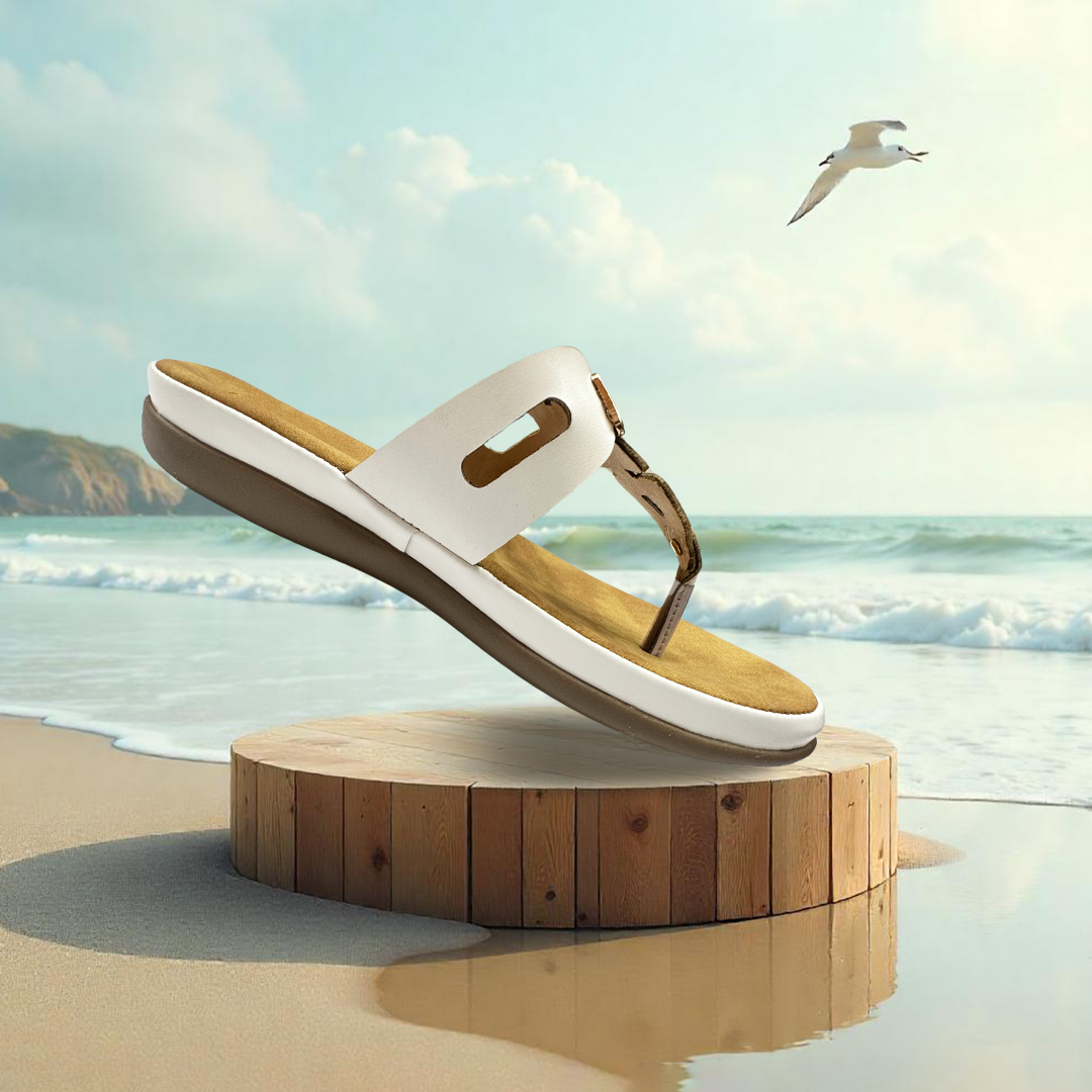 Aestify Women’s Comfort Thong Sandals – White Slip-On Flats with Cushioned Sole & Metallic Trim
