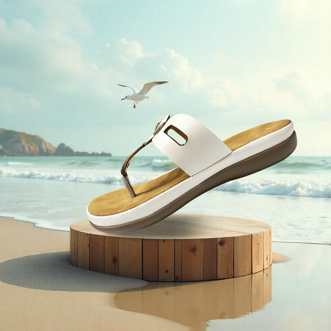 Aestify Women’s Comfort Thong Sandals – White Slip-On Flats with Cushioned Sole & Metallic Trim