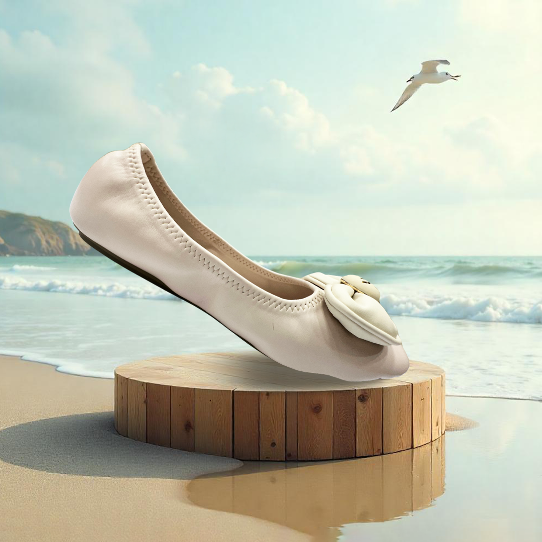 Aestify Women’s Soft Ballet Flats with Bow Detail – Elegant Cream Foldable Slip-On Shoes for Everyday Comfort