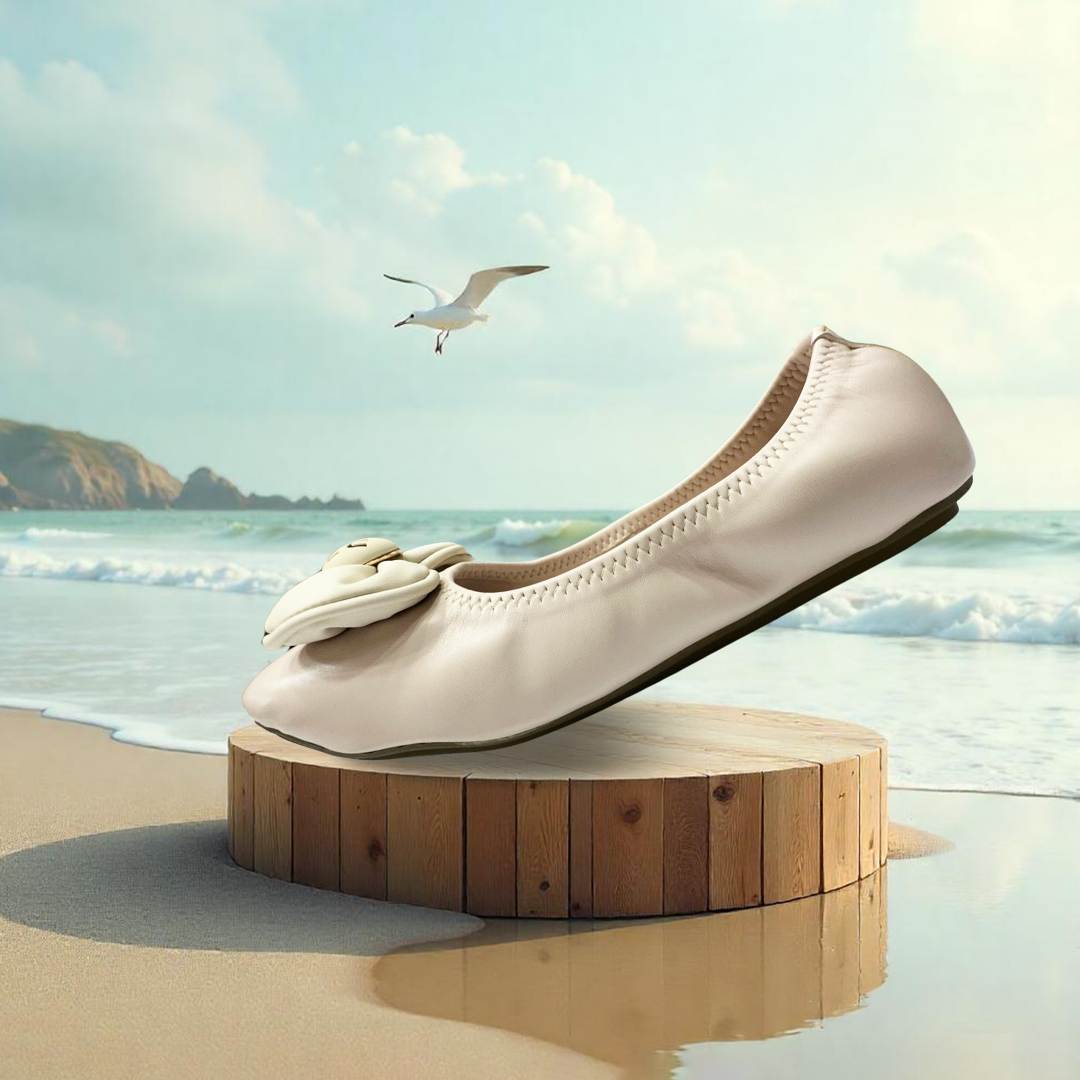 Aestify Women’s Soft Ballet Flats with Bow Detail – Elegant Cream Foldable Slip-On Shoes for Everyday Comfort