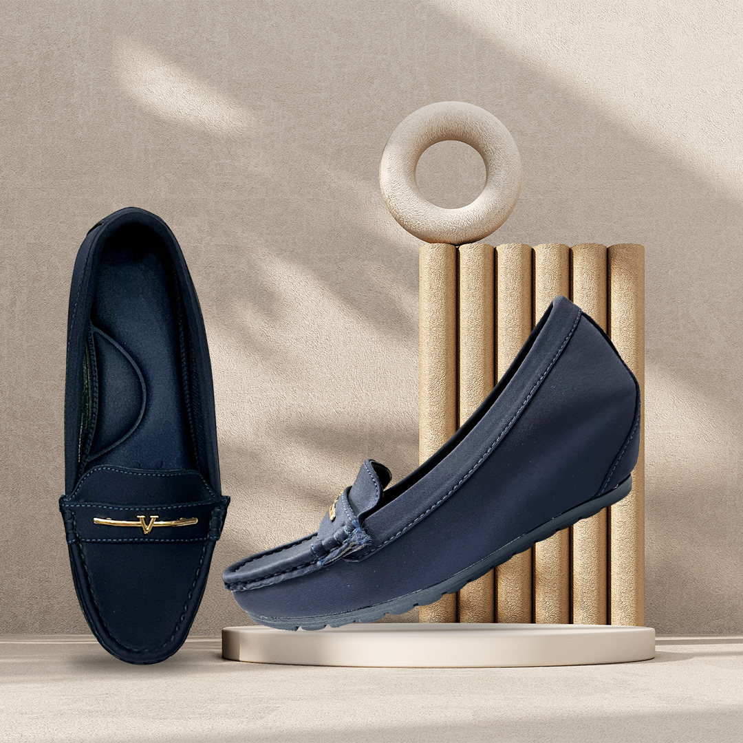 Aestify Women’s Navy Blue Loafers with Gold Accent – Slip-On Comfort Driving Flats for Daily Wear