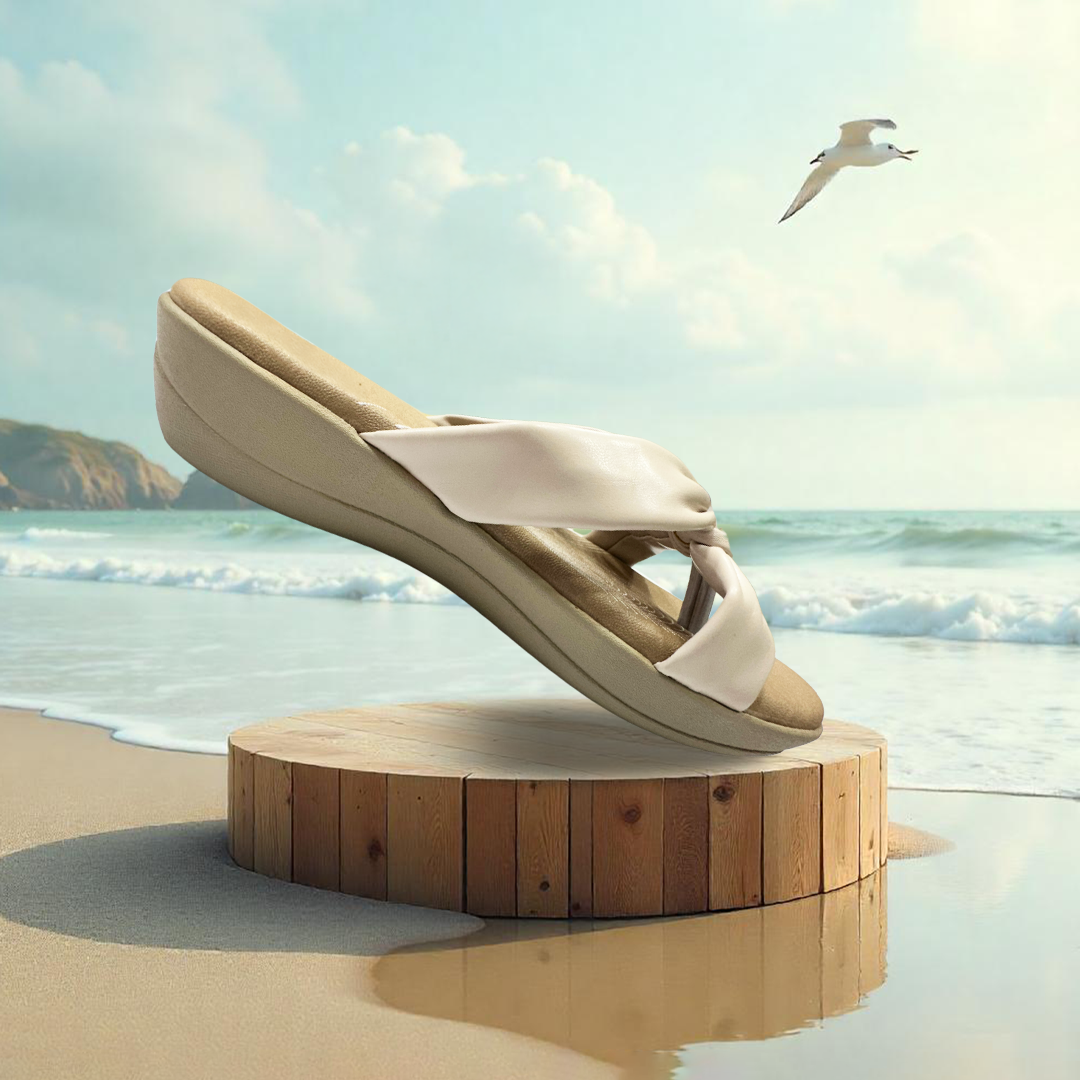 Aestify Women’s Cream Knotted Wedge Sandals – Soft Cushioned Slip-On Platform Flip-Flops