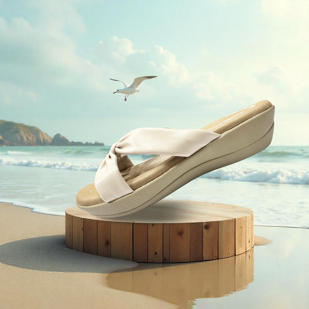 Aestify Women’s Cream Knotted Wedge Sandals – Soft Cushioned Slip-On Platform Flip-Flops