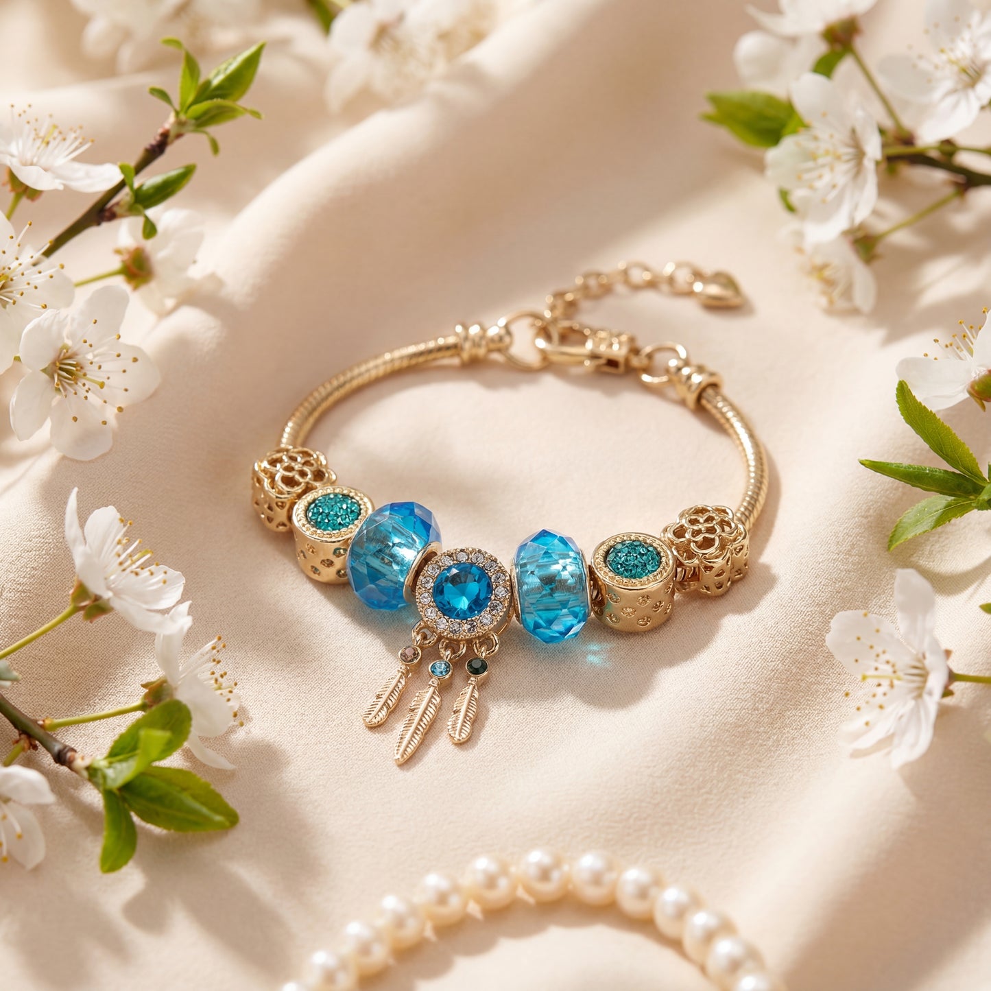 Aestify™ Aqua Dream Charm Bracelet – 18K Gold Tone | Premium CZ + Crystal Charms