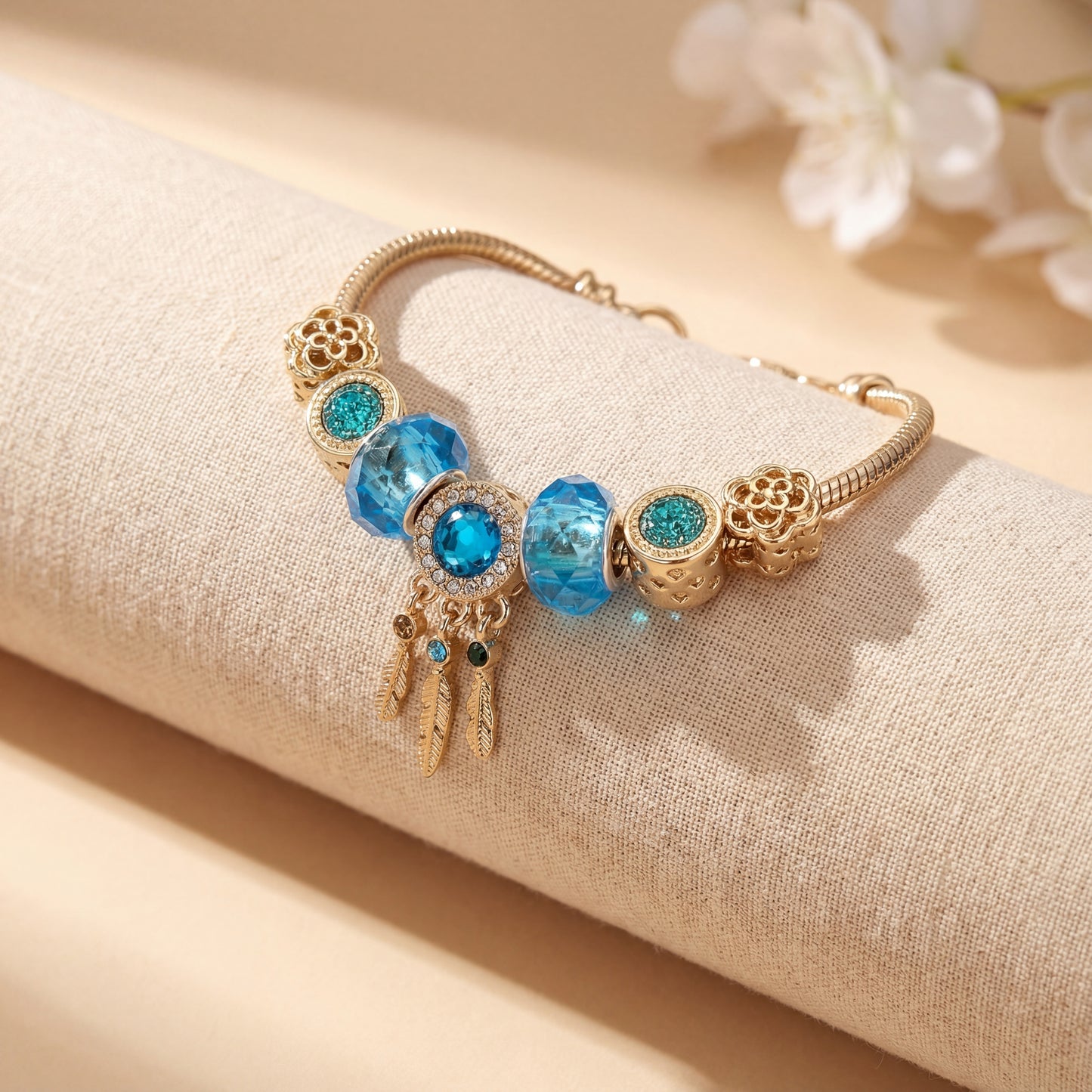 Aestify™ Aqua Dream Charm Bracelet – 18K Gold Tone | Premium CZ + Crystal Charms