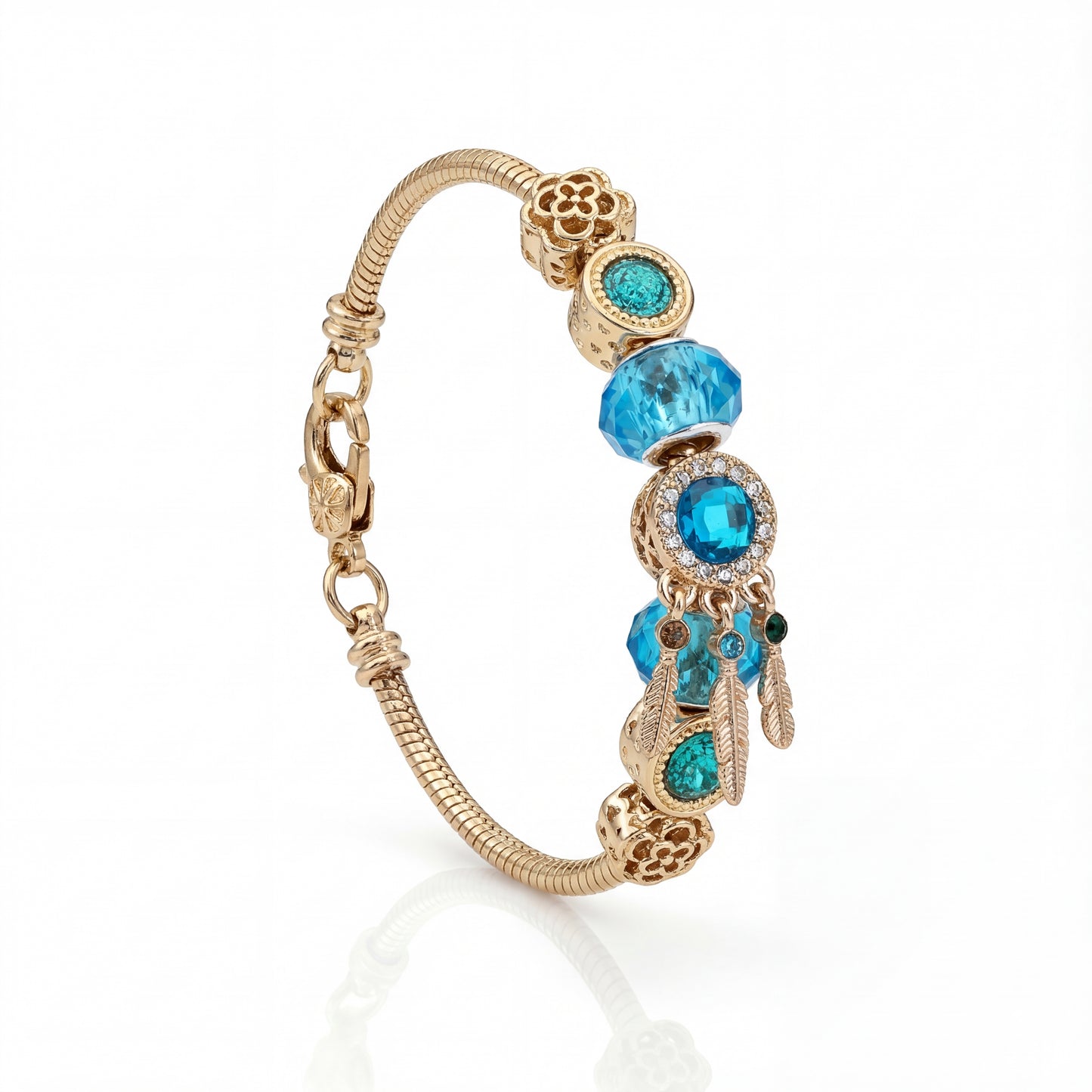 Aestify™ Aqua Dream Charm Bracelet – 18K Gold Tone | Premium CZ + Crystal Charms