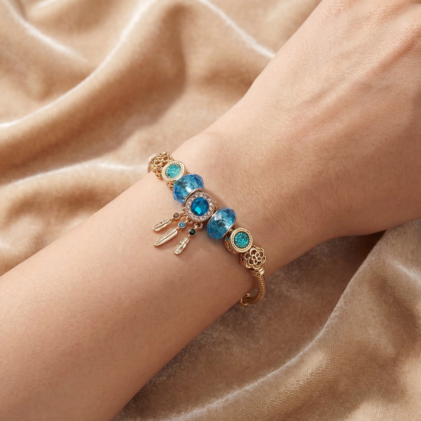 Aestify™ Aqua Dream Charm Bracelet – 18K Gold Tone | Premium CZ + Crystal Charms