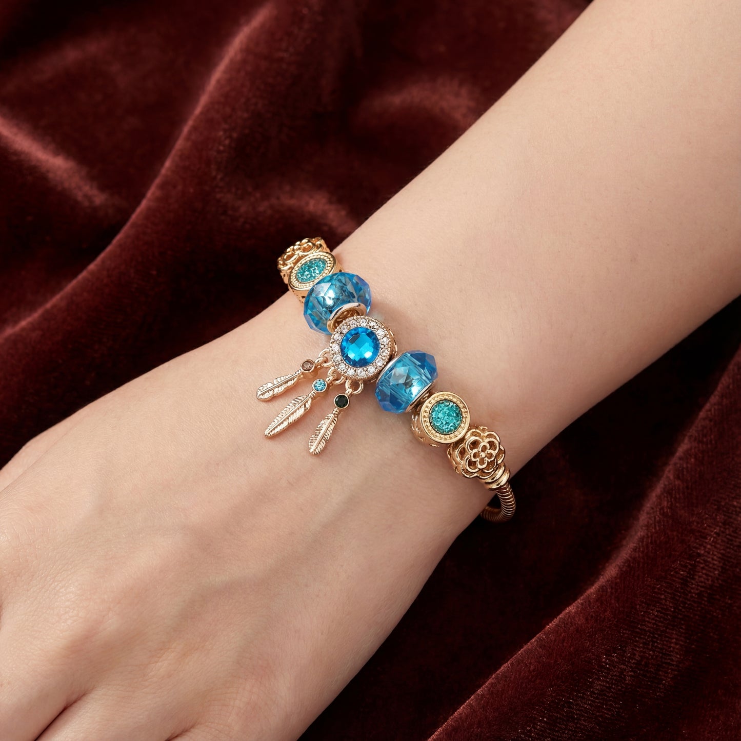Aestify™ Aqua Dream Charm Bracelet – 18K Gold Tone | Premium CZ + Crystal Charms