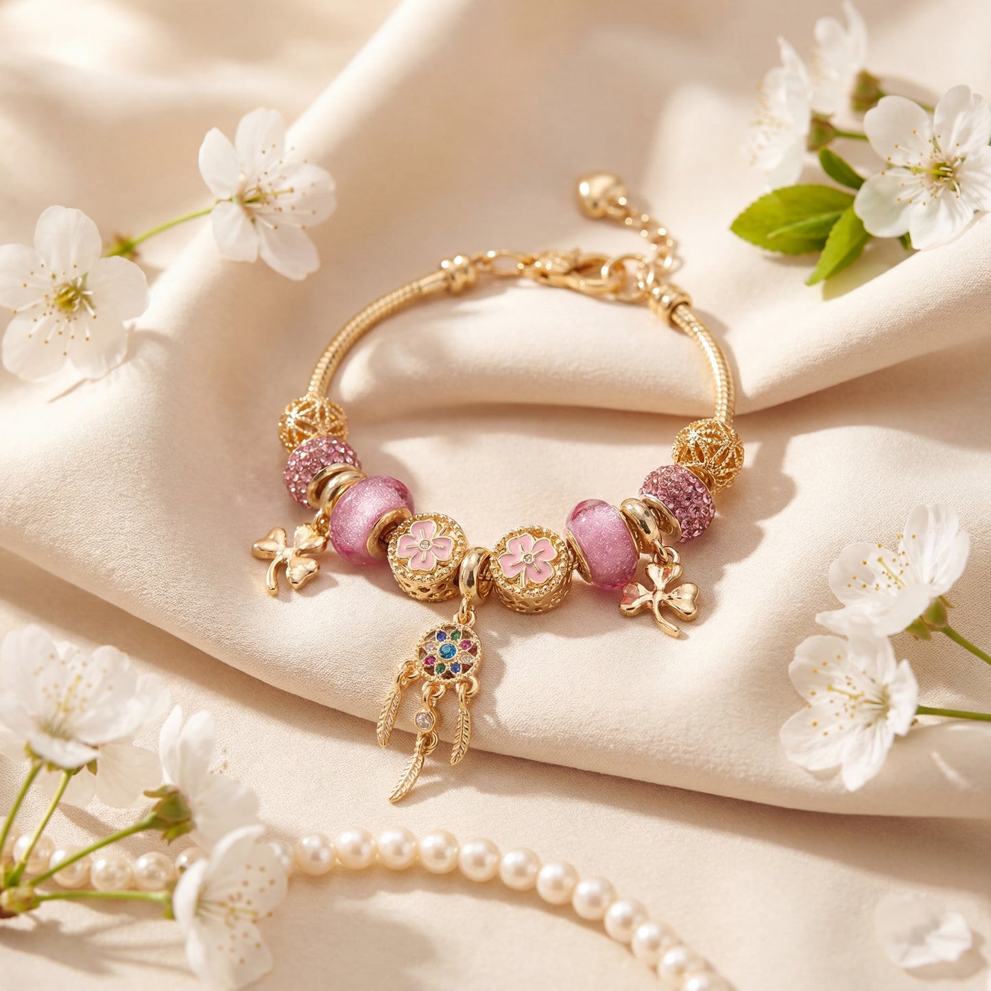 Aestify™ Dreamcatcher Pink Gold Charm Bracelet – 18K Gold Tone | Crystal & CZ Beads