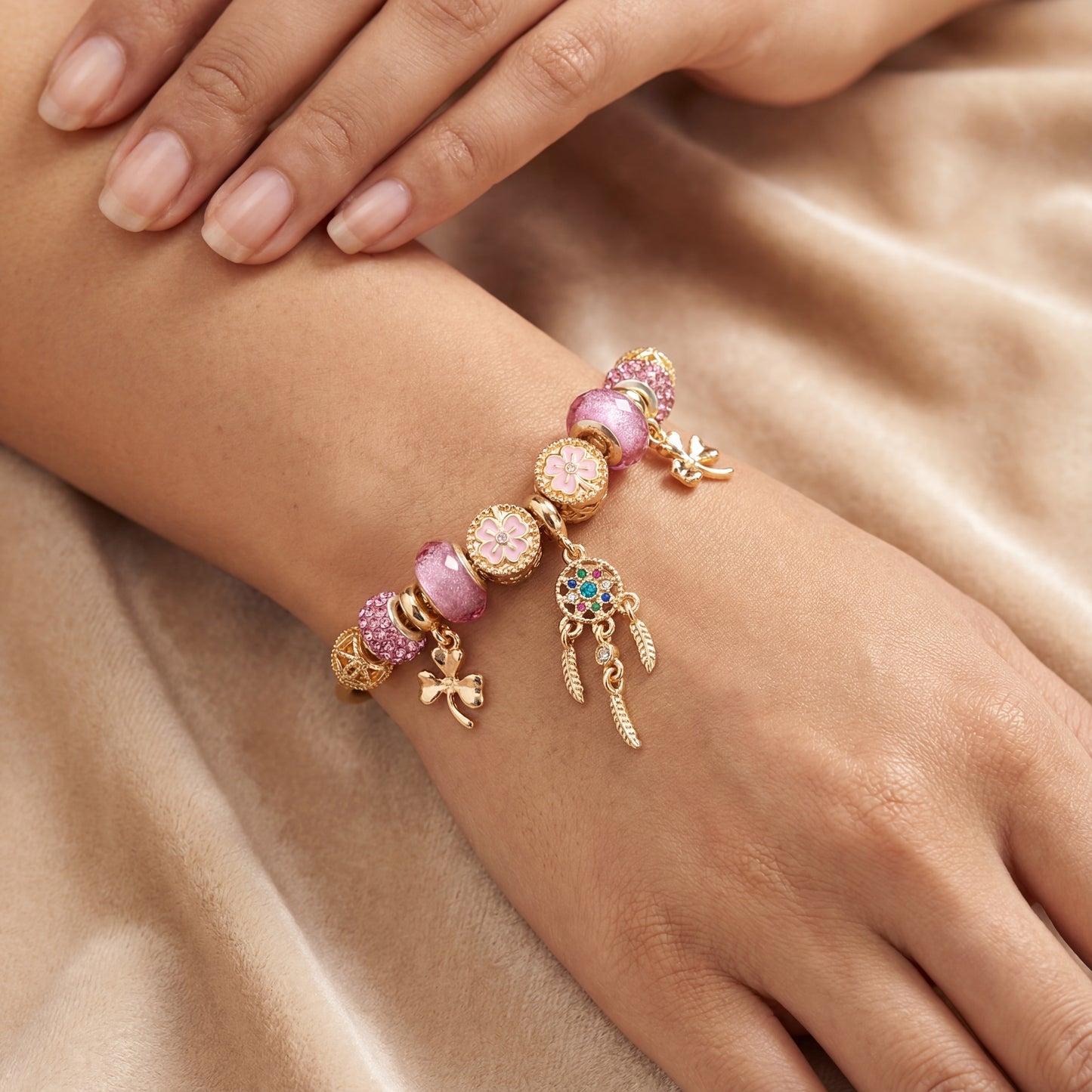 Aestify™ Dreamcatcher Pink Gold Charm Bracelet – 18K Gold Tone | Crystal & CZ Beads