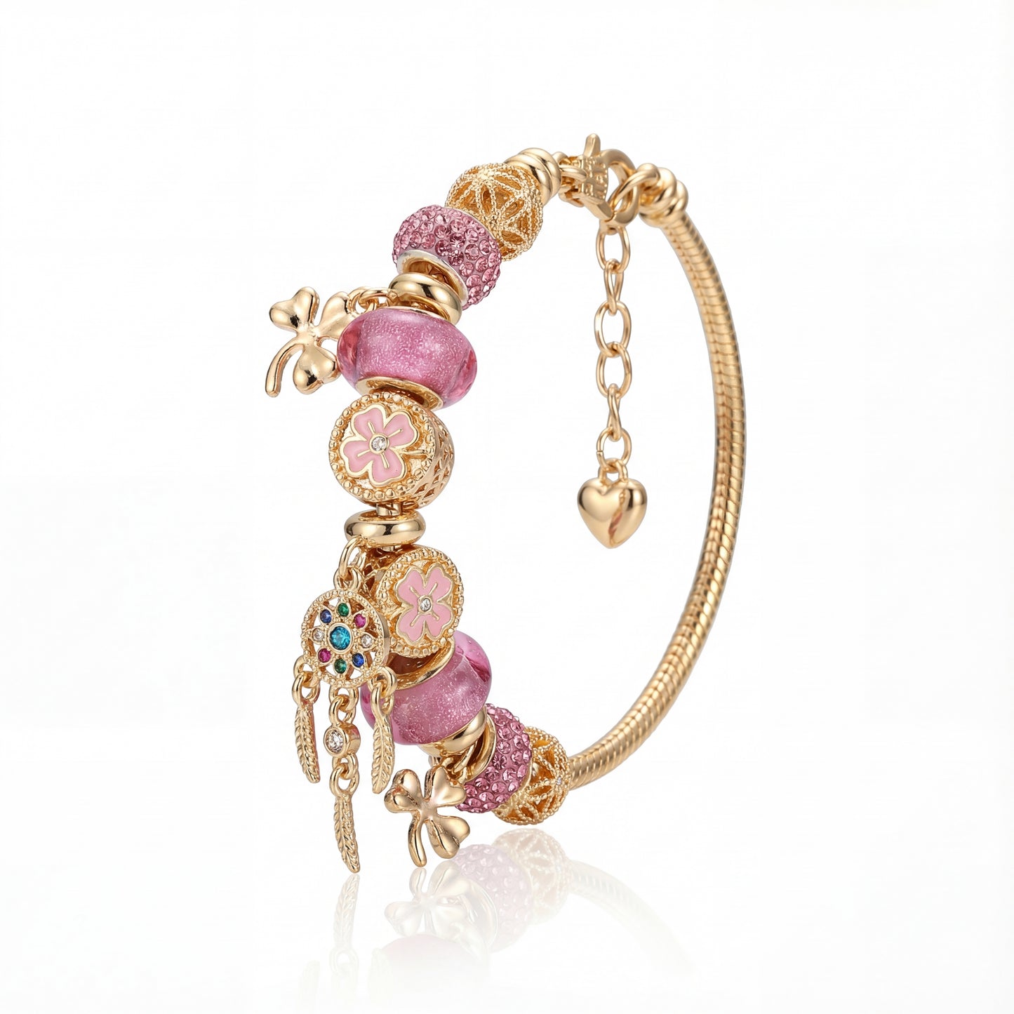 Aestify™ Dreamcatcher Pink Gold Charm Bracelet – 18K Gold Tone | Crystal & CZ Beads