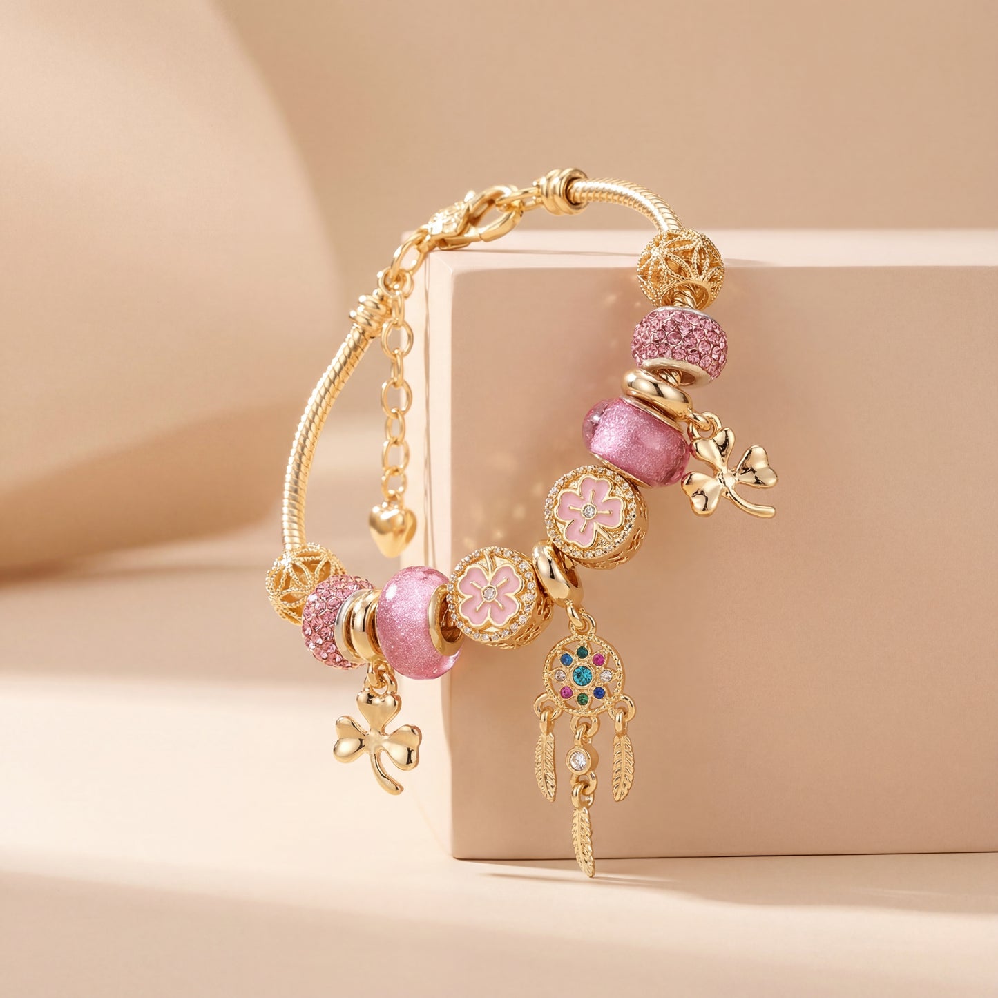 Aestify™ Dreamcatcher Pink Gold Charm Bracelet – 18K Gold Tone | Crystal & CZ Beads