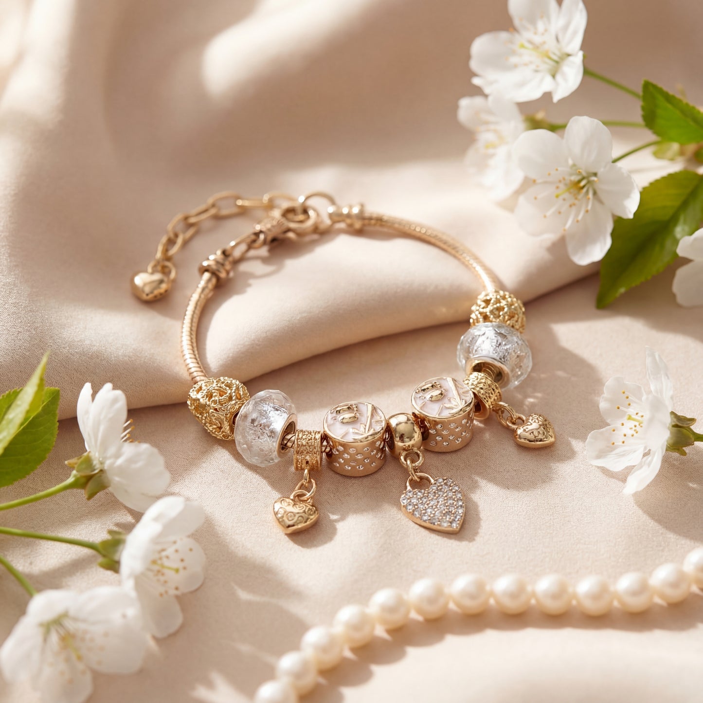 Aestify™ Golden Bloom Charm Bracelet – 18K Gold Tone | Crystal CZ Beads