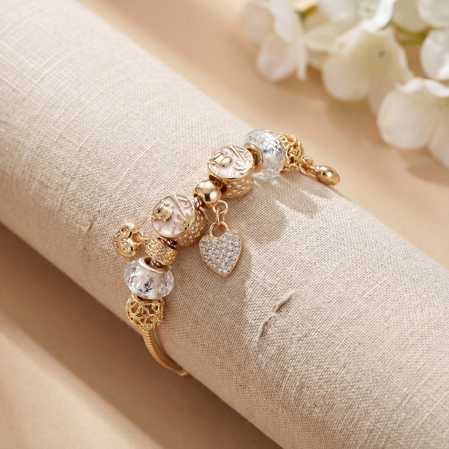 Aestify™ Golden Bloom Charm Bracelet – 18K Gold Tone | Crystal CZ Beads