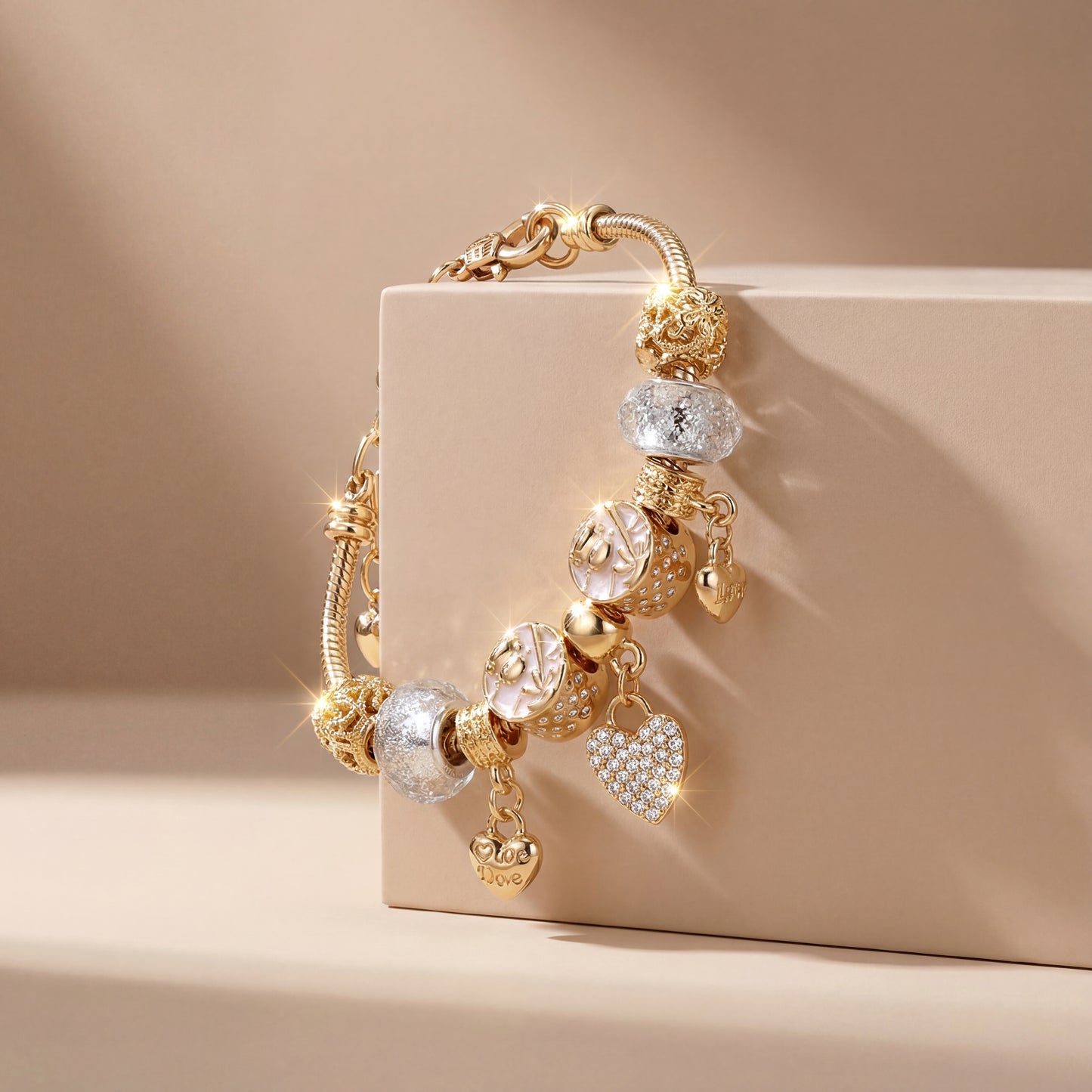 Aestify™ Golden Bloom Charm Bracelet – 18K Gold Tone | Crystal CZ Beads