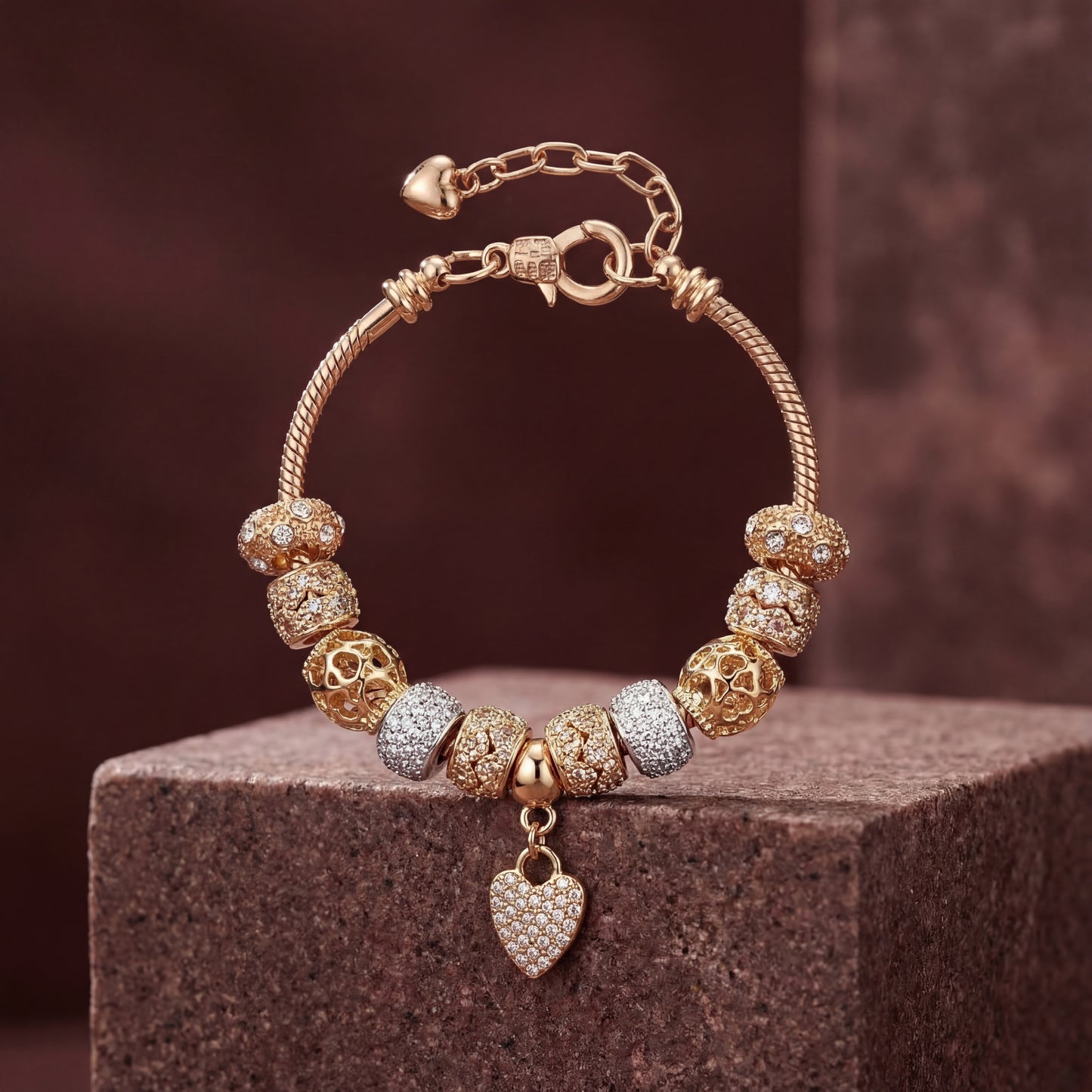 Aestify™ Luxe Crystal Heart Charm Bracelet – 18K Gold Tone